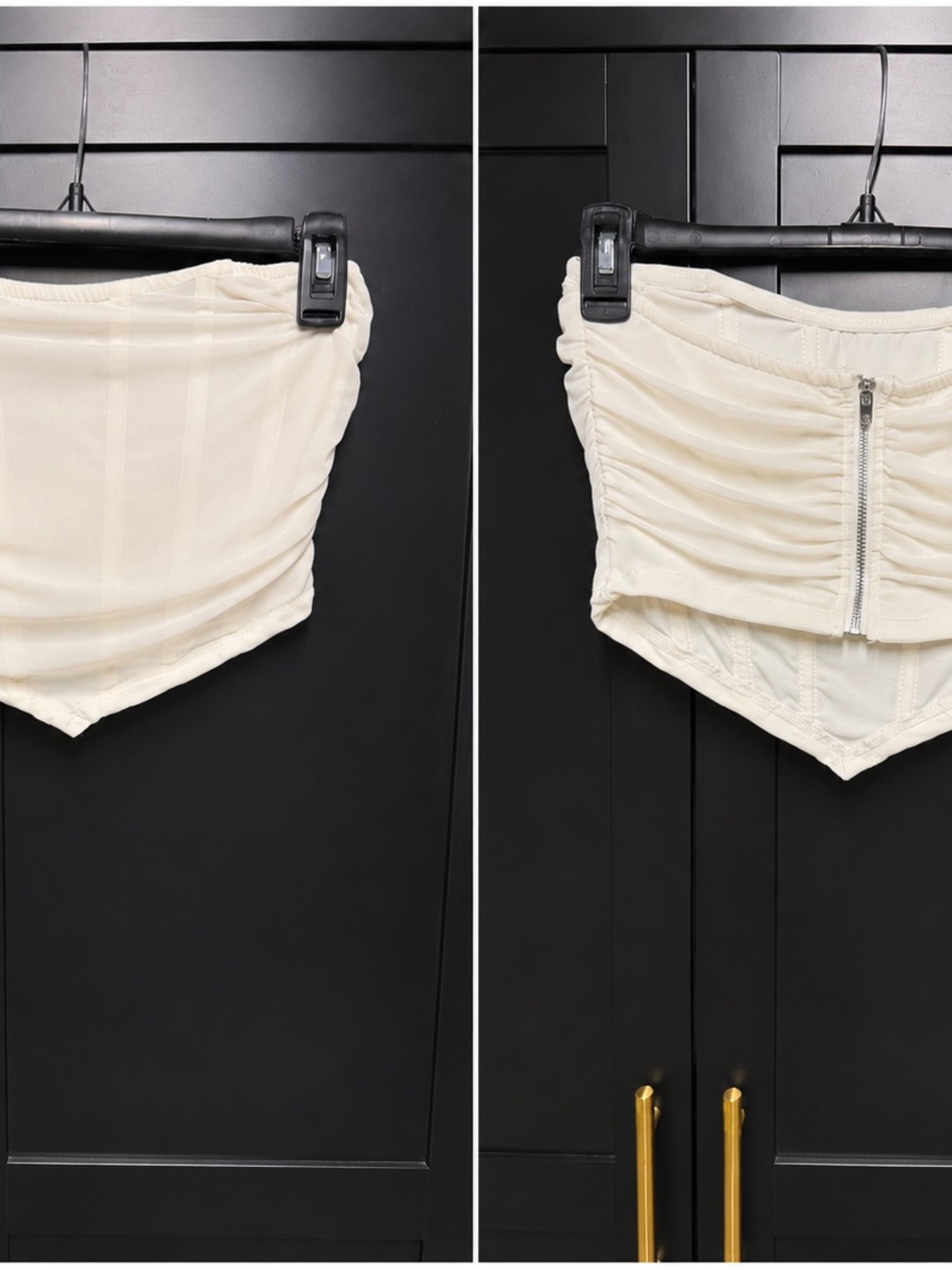 High-Waist Cream Ruched Shorts with Front Zip